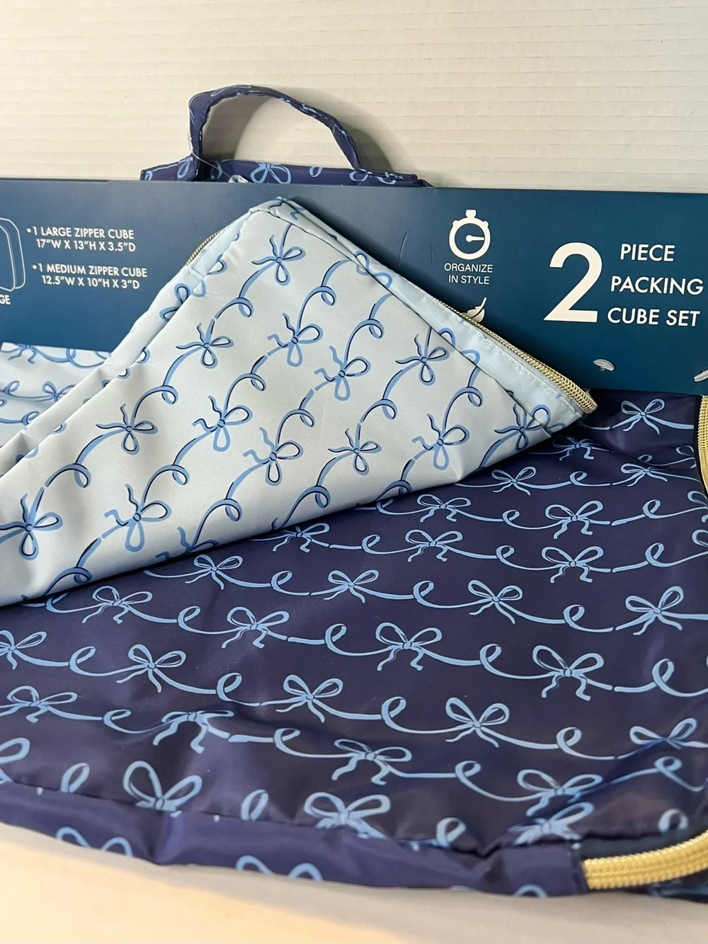 Dabney Lee Navy Light Blue Bow Travel Toiletry Bag Silicone Bottle Set New